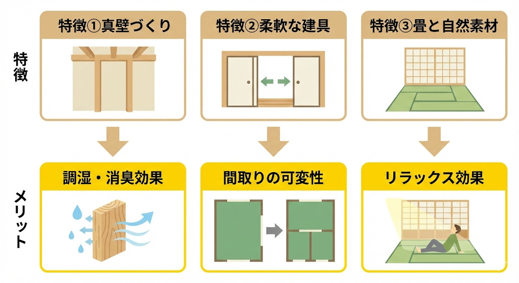◆【内装・間取り】日本家屋の3つの特徴の概要図