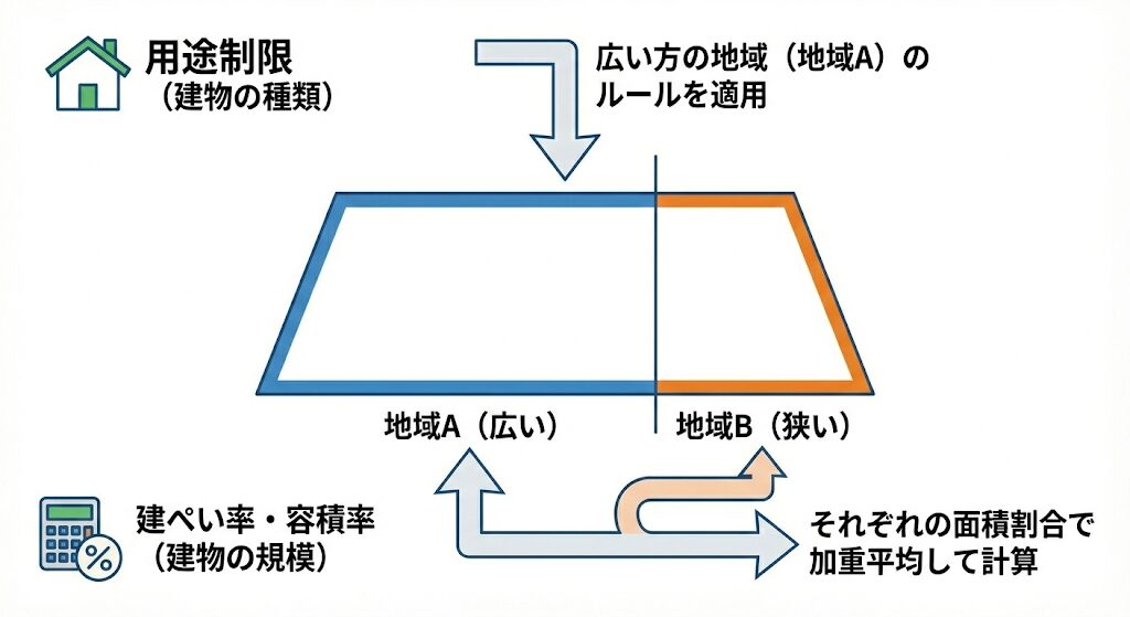 ◆用途地域が2つのエリアにまたがっている場合のルール