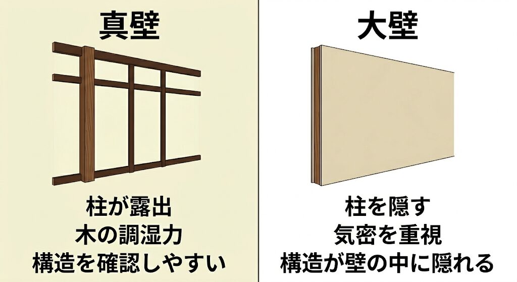 ◆日本の住まいを象徴する真壁と大壁の決定的な3つの違いの概要図
