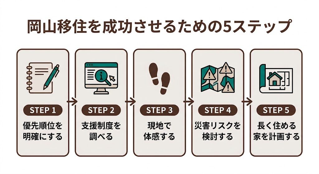 ◆岡山移住を成功させるための5ステップの概要図