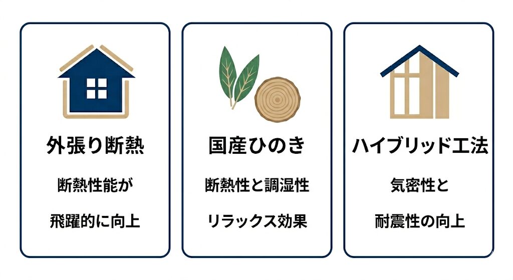 ◆真壁造りの断熱性能を最大化して快適さを実現する3つのポイントの概要図