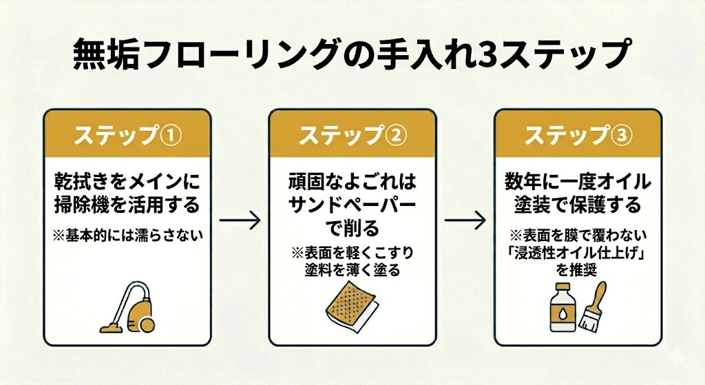 ◆無垢フローリングの手入れ3ステップの概要図