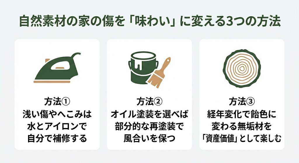 ◆自然素材の家の傷を「味わい」に変える3つの方法の概要図